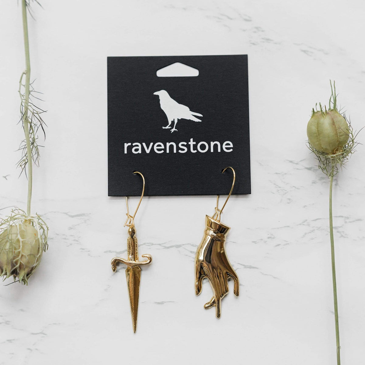 Ravenstone The Golden Hand and Dagger Earrings