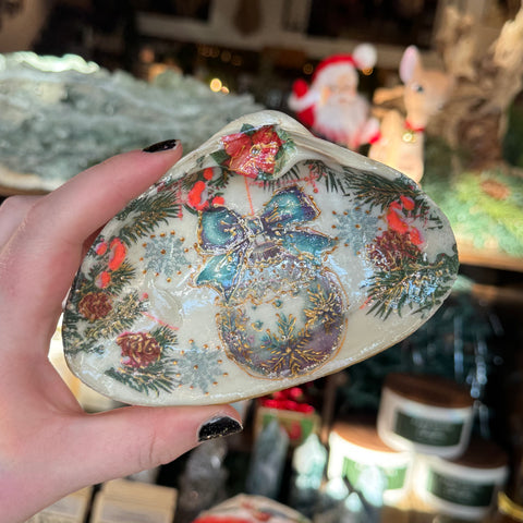 Eleanora Soroca Blue Ornament Holiday Decoupage Shell Jewelry Dish