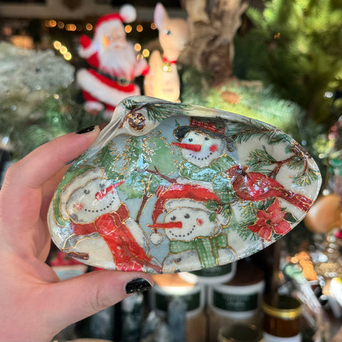 Eleanora Soroca Family of Snowmen Holiday Decoupage Shell Jewelry Dish