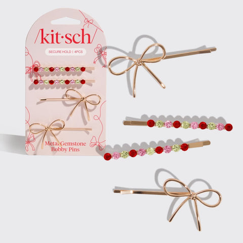 Kitsch Holiday Gemstone and Bow Bobby Pins