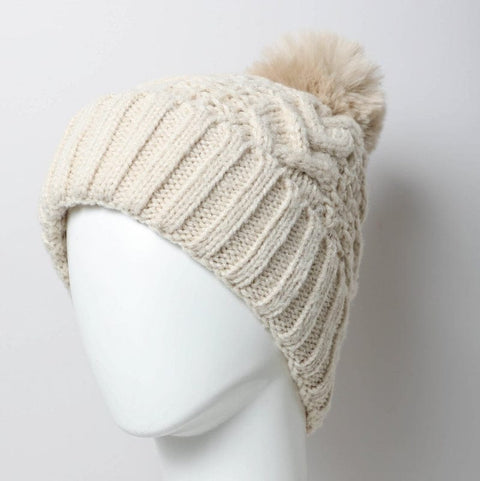 Leto Accessories Cable Knit Pom Beanie | White