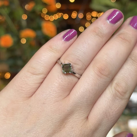 Faceted Square Moldavite Ring "Kimberly" - Size 8.5