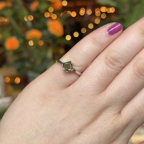 Faceted Square Moldavite Ring "Reagan" - Size 7.5