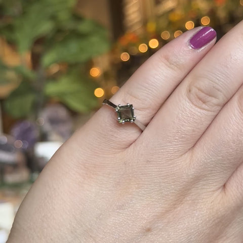 Faceted Square Moldavite Ring "Bailey" - Size 7.5