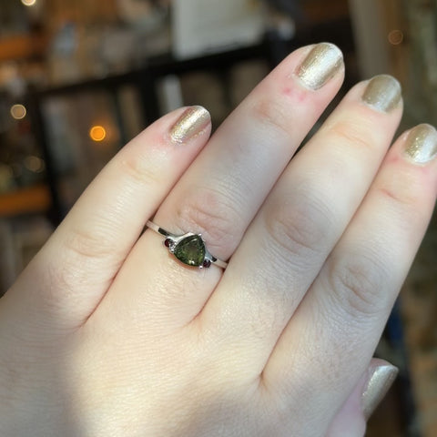 Moldavite and Garnet Ring "Trixie" - Size 8.5