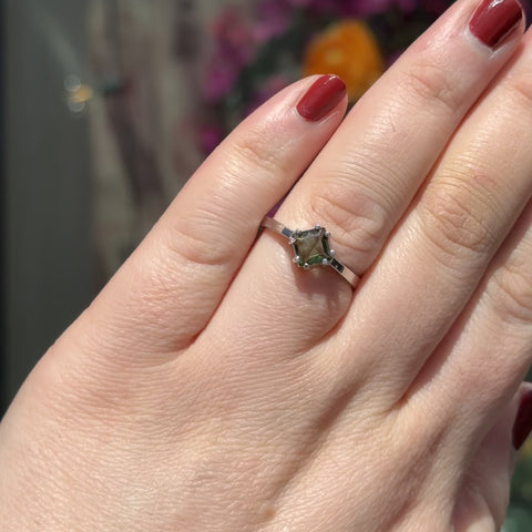 Faceted Square Moldavite Ring "Ophelia" - Size 10