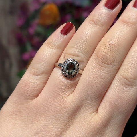 Ornate Moldavite Ring "Whitney" - Size 10