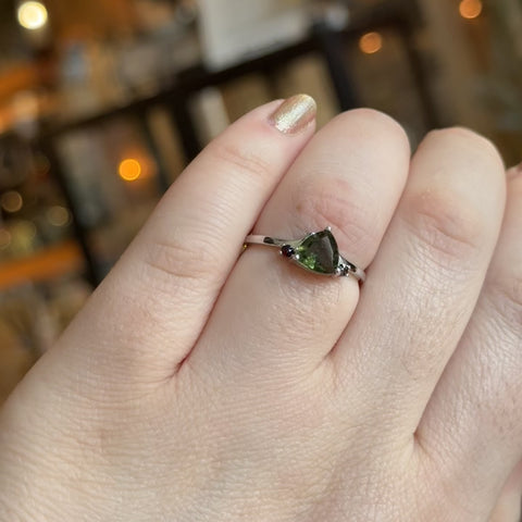 Moldavite and Garnet Ring "Gianna" - Size 8.5