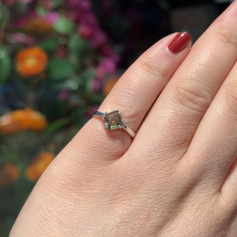 Faceted Square Moldavite Ring "Luna" - Size 5.5