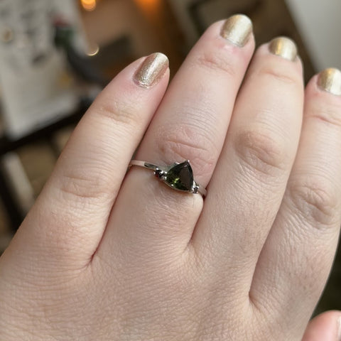 Moldavite and Garnet Ring "Aurora" - Size 8.5