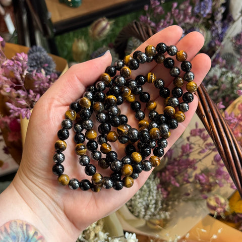 Ravenstone Crystals Black Onyx, Hematite, & Tiger's Eye Stretch Bracelet