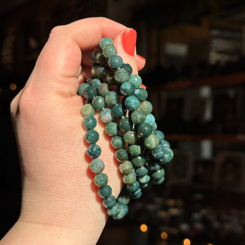 Ravenstone Crystals Faceted Moss Agate Stretch Bracelet