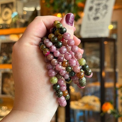 Ravenstone Crystals Pink and Green Tourmaline Stretch Bracelet