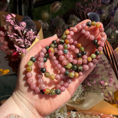 Ravenstone Crystals Pink and Green Tourmaline Stretch Bracelet