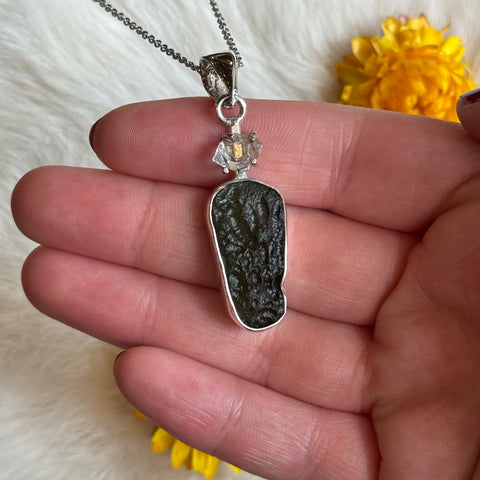 Ravenstone Crystals Moldavite | Herkimer Diamond Necklace "Reggie"