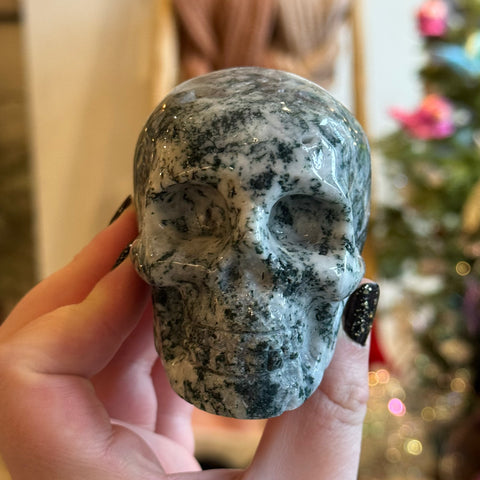 Ravenstone Crystals Moss Agate Skull "Corey"