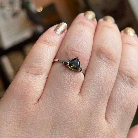 Ravenstone Crystals Moldavite and Garnet Ring "Aurora" - Size 8.5