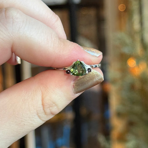 Ravenstone Crystals Moldavite and Garnet Ring "Noa" - Size 9.5