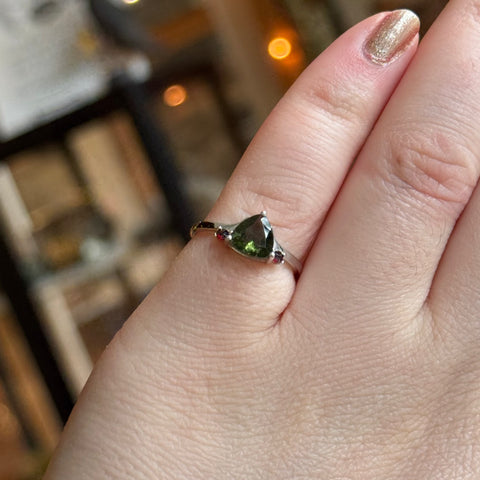 Ravenstone Crystals Moldavite and Garnet Ring "Scarlett" - Size 6.5