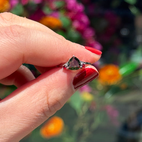 Ravenstone Crystals Moldavite | Garnet Ring "June" - Size 5