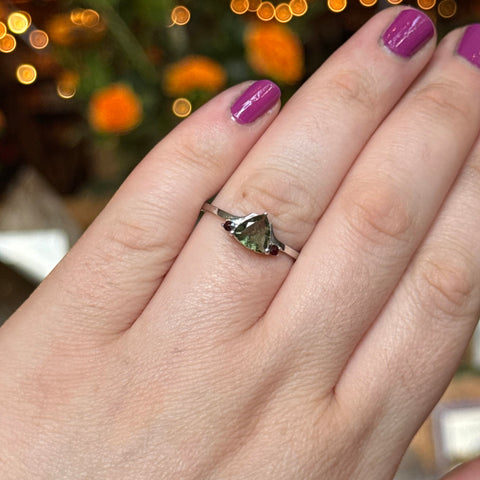 Ravenstone Crystals Moldavite | Garnet Ring "Luna" - Size 9.5