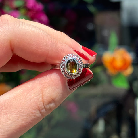 Ravenstone Crystals Ornate Moldavite Ring "Kim" - Size 8