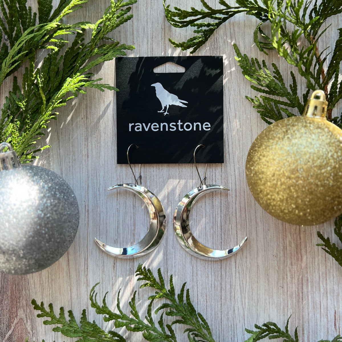 Ravenstone The Big Silver Crescent Moon Earrings