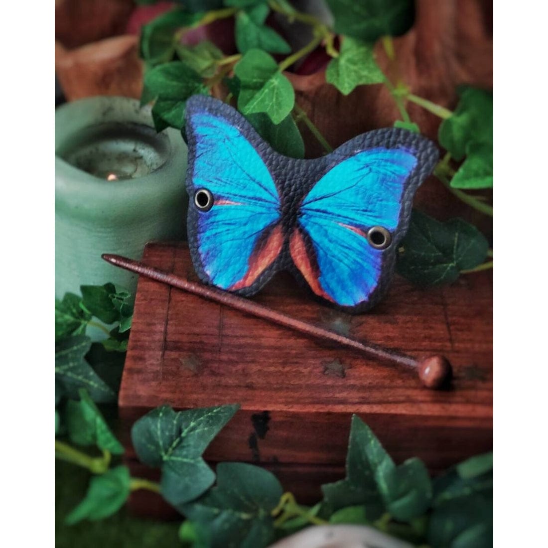 Costurero Real Blue Butterfly Vegan Leather Hair Barrette