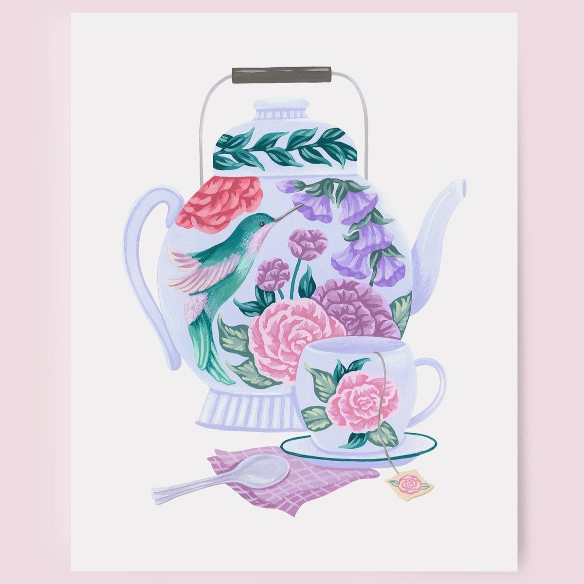 Mia Whittemore &quot;Lilac Floral Teapot with Hummingbird&quot; Art Print