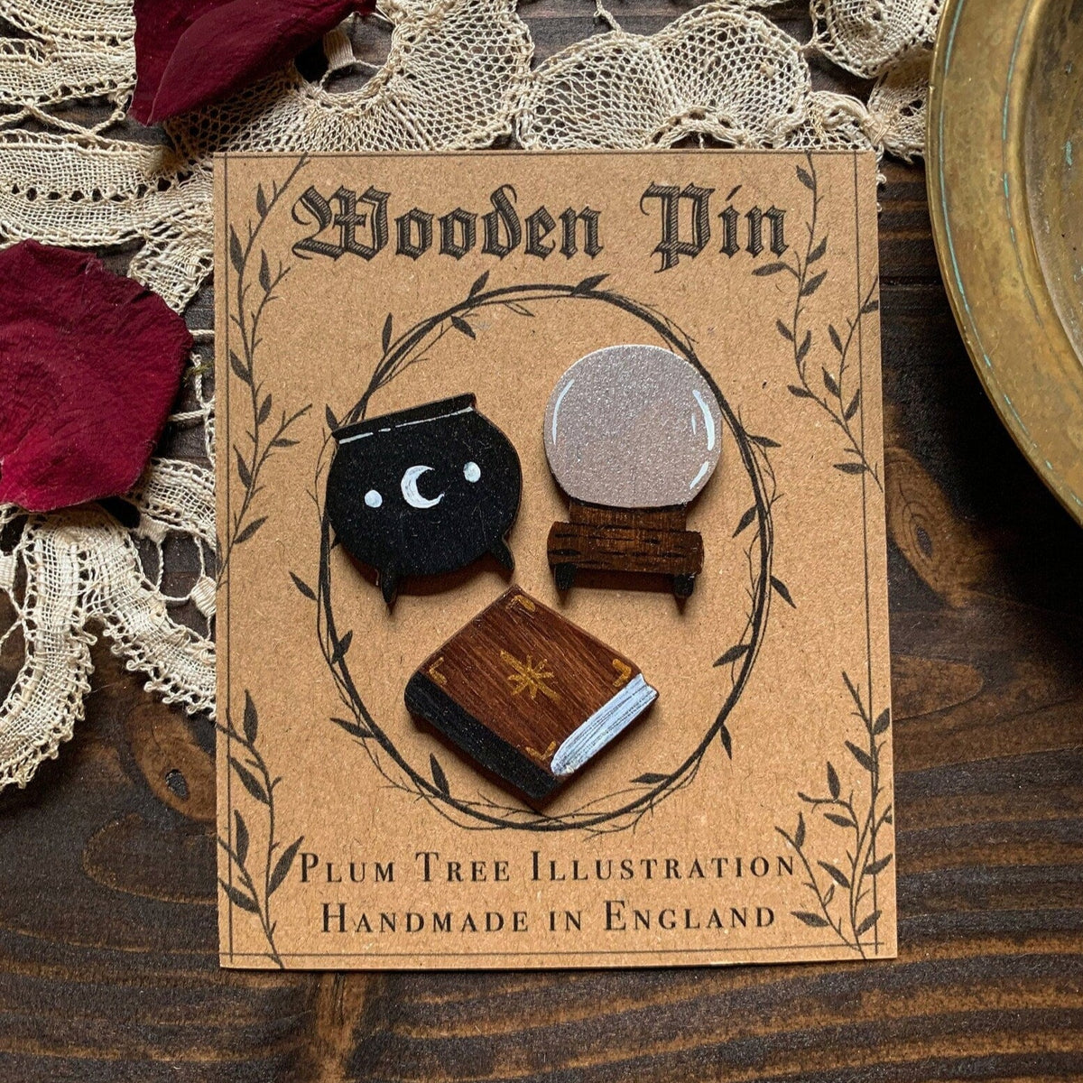 Plum Tree Illustration Witchy Wooden Pin Set