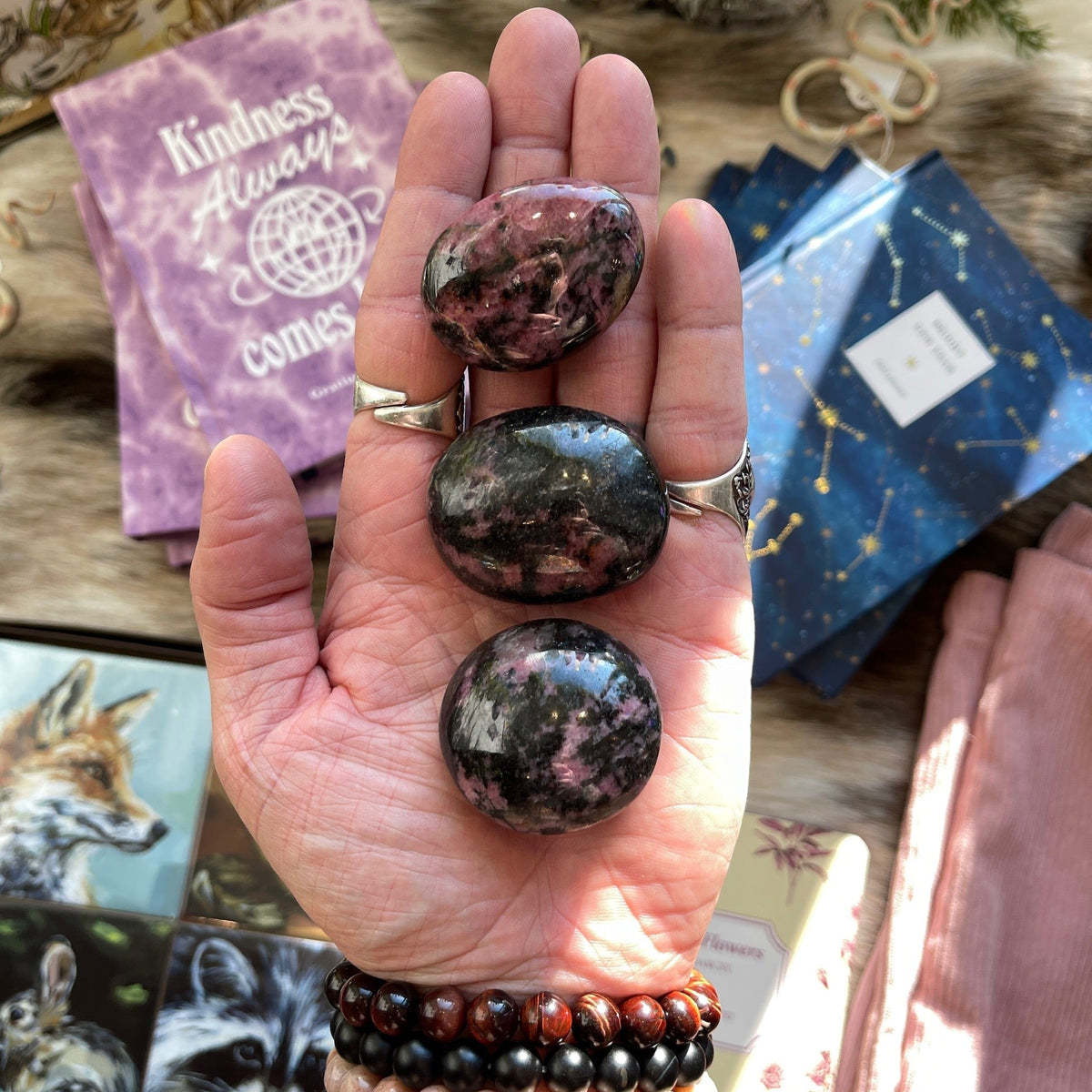 Ravenstone Crystals Small Rhodonite Palm Stone