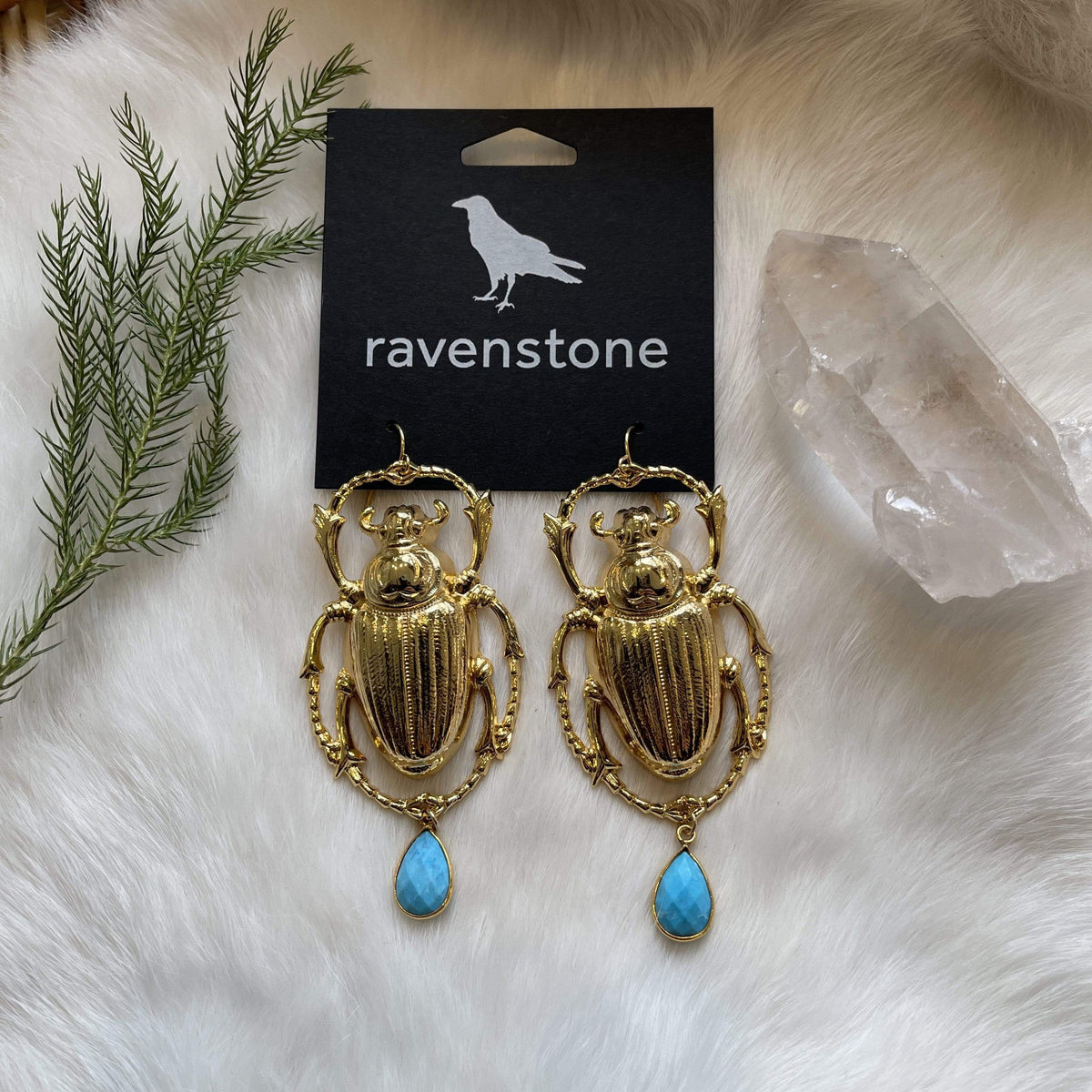 Ravenstone The Big Golden Scarab and Turquoise Earrings