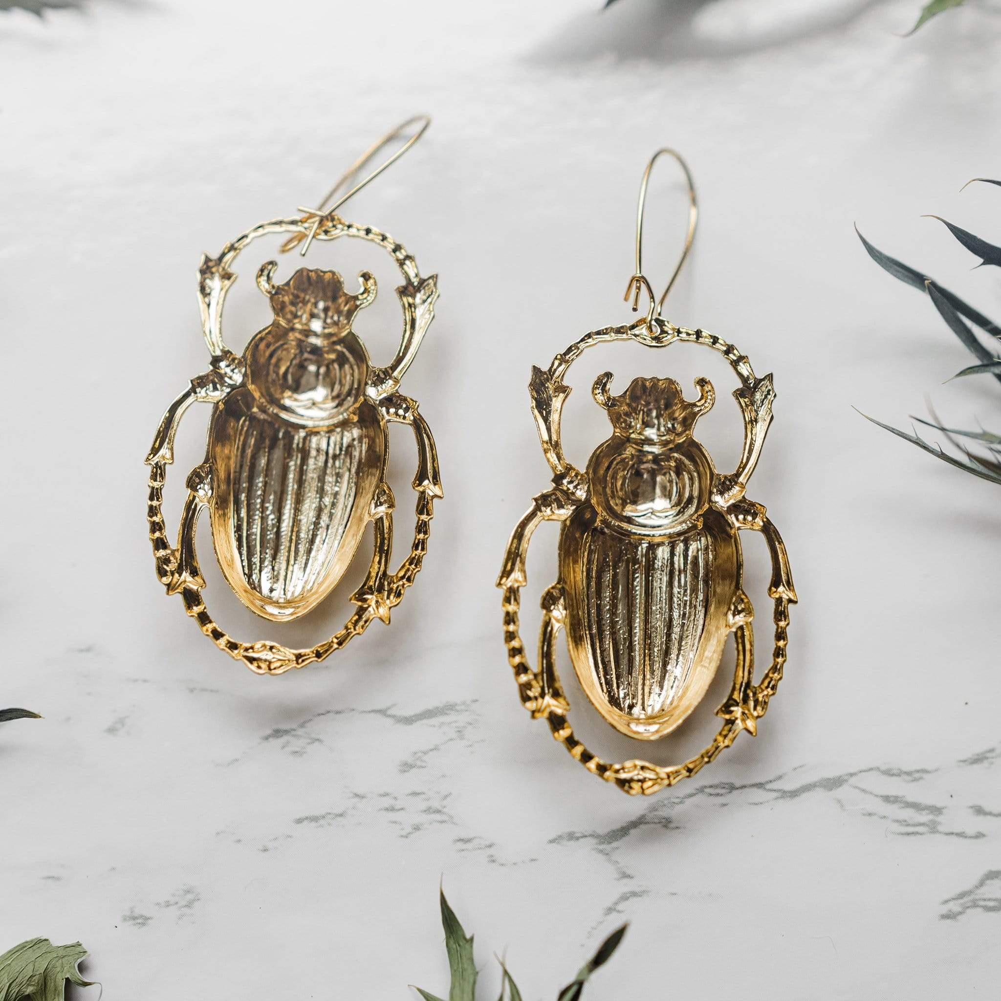Scarab Gold Beetle Earrings Insect Studs Solid Brass Gold 