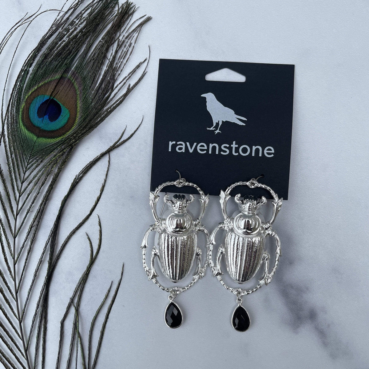 ravenstone the big silver scarab and black onyx earrings