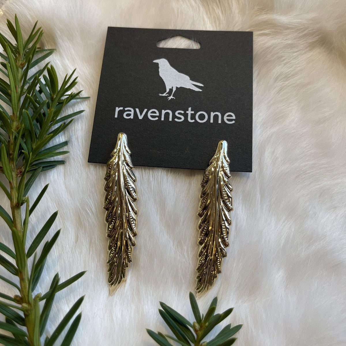 Ravenstone The Golden Long Leaf Stud Earrings