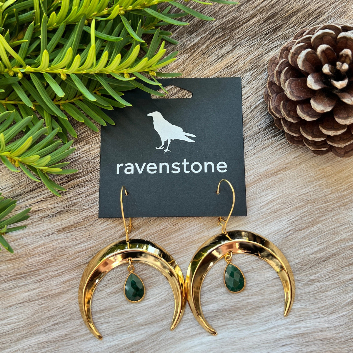 Ravenstone The Golden Moon and Emerald Drop Earrings