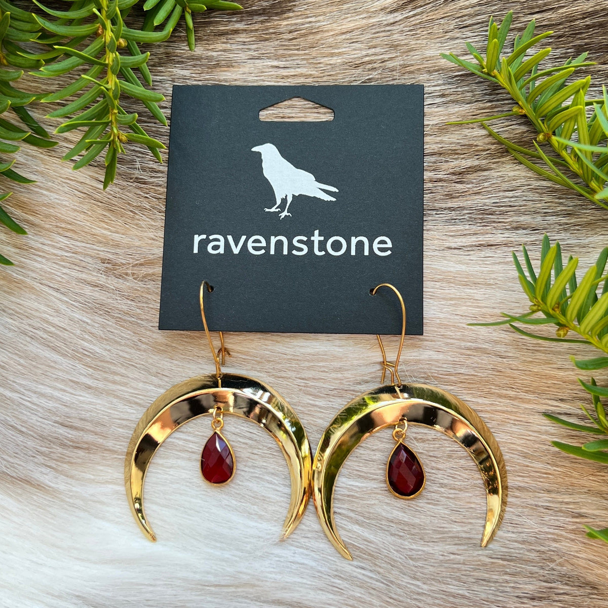 Ravenstone The Golden Moon and Garnet Drop Earrings