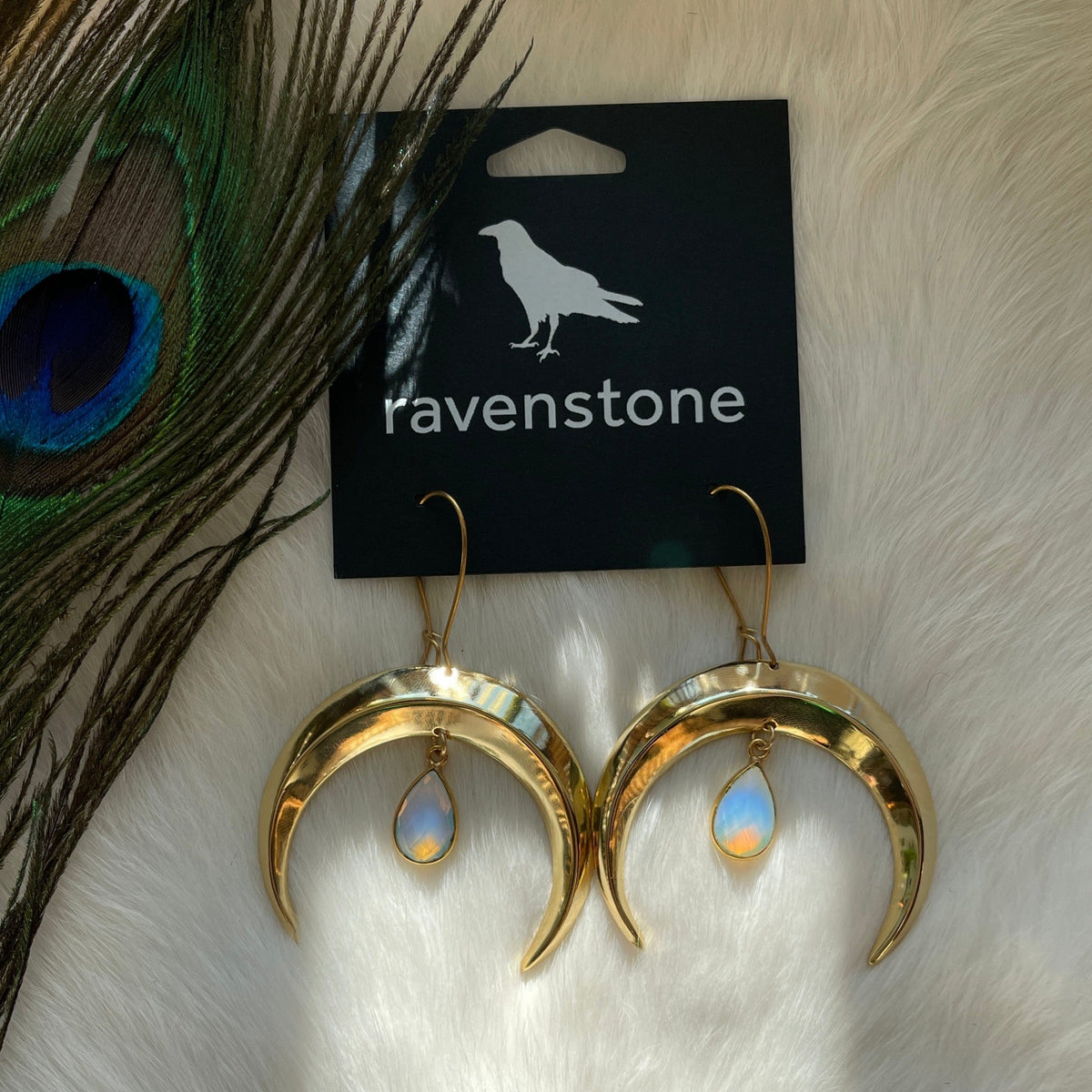 Ravenstone The Golden Moon and Opal Drop Earrings