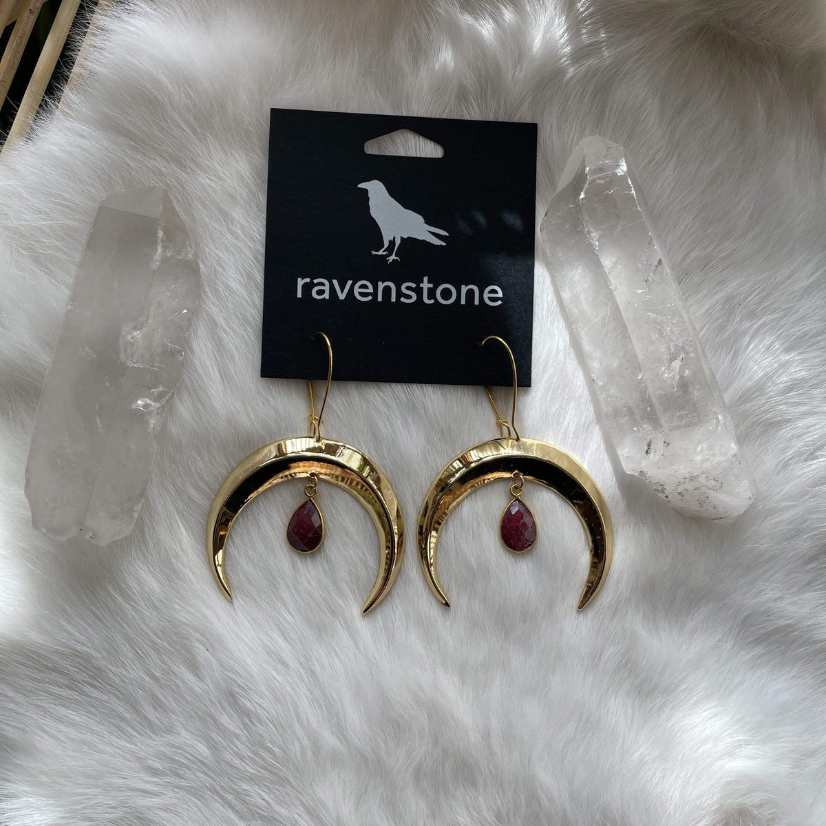 Ravenstone The Golden Moon and Ruby Drop Earrings