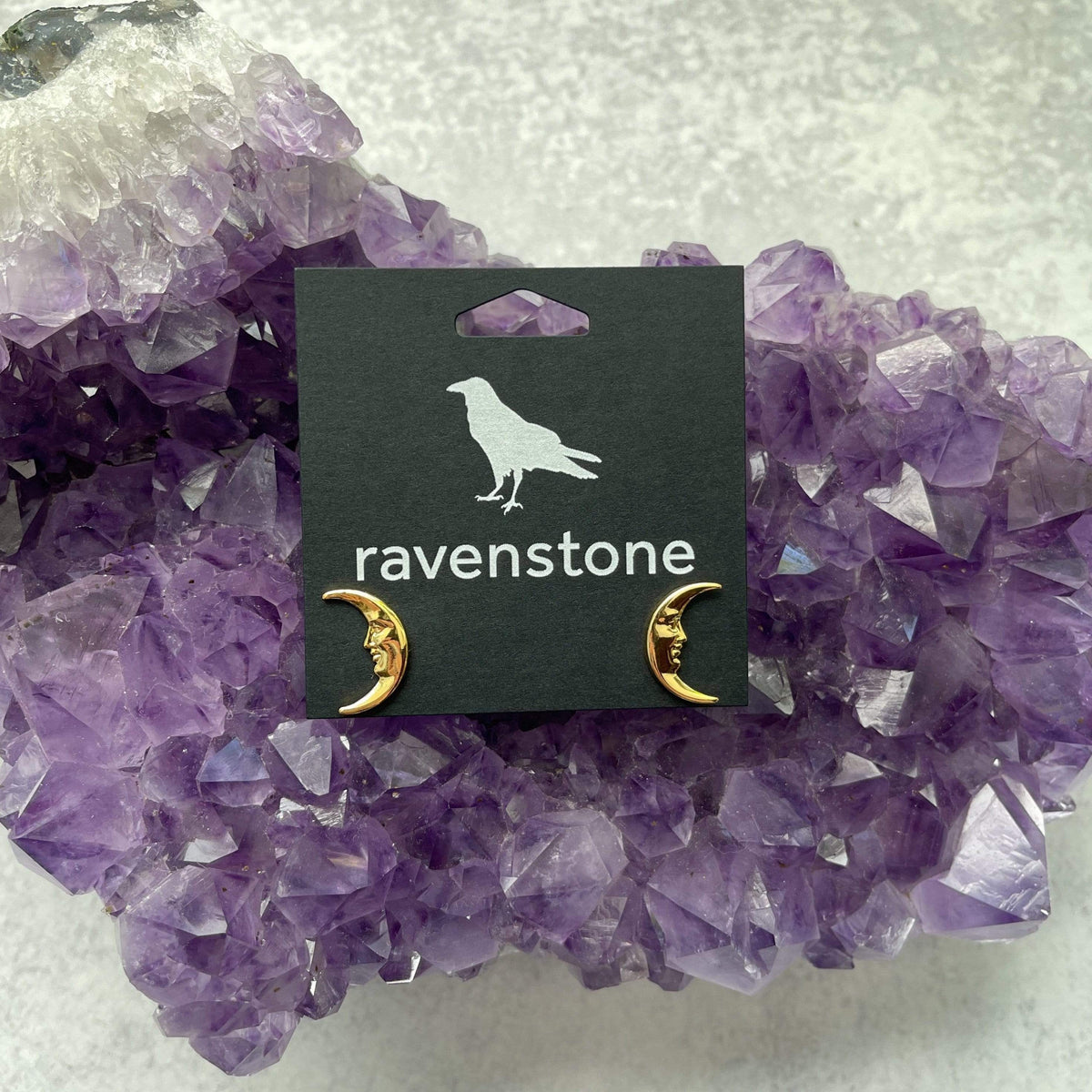 Ravenstone The Golden Moon Face Stud Earrings