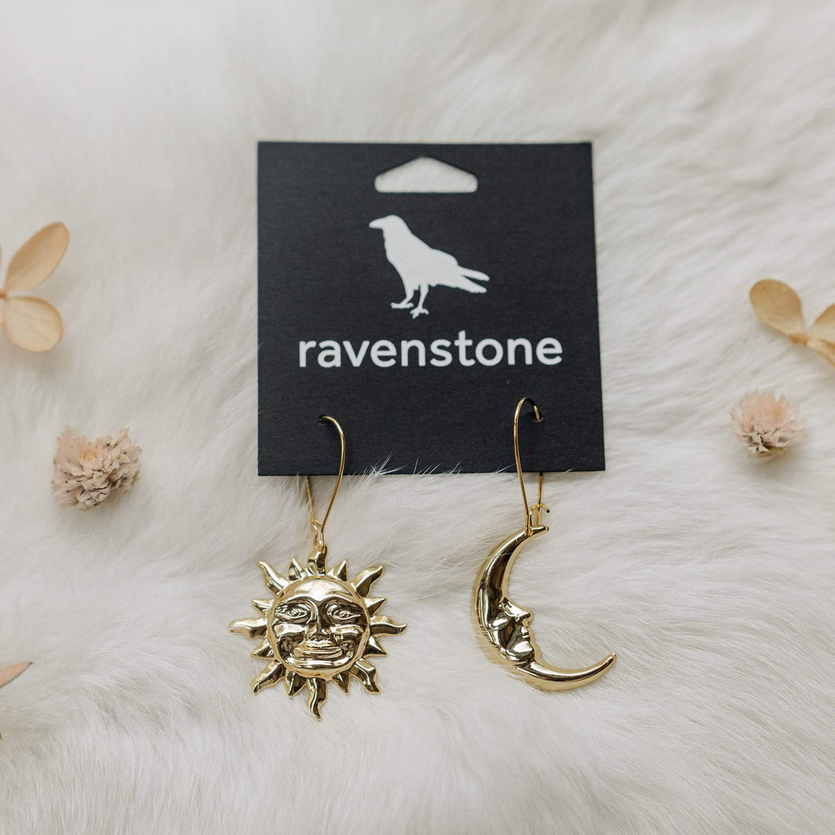 Ravenstone The Little Golden Sun and Moon Face Earrings