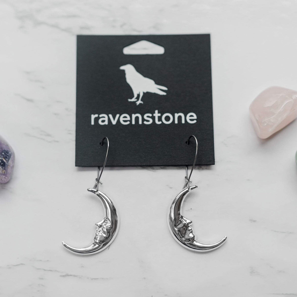 ravenstone The Little Silver Moon Face Earrings