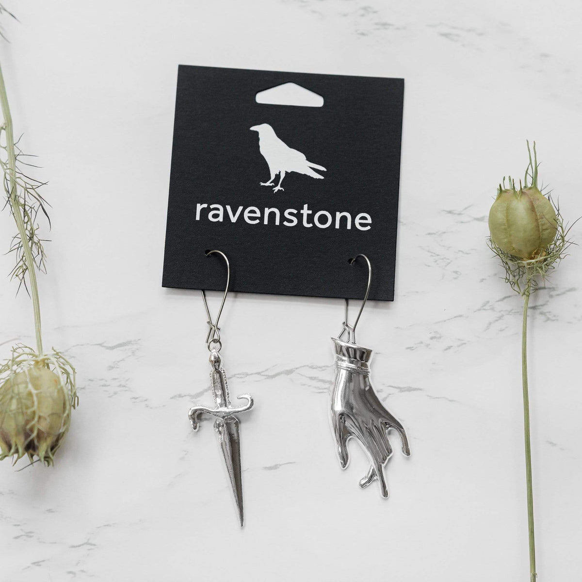 Ravenstone The Silver Hand and Dagger Earrings