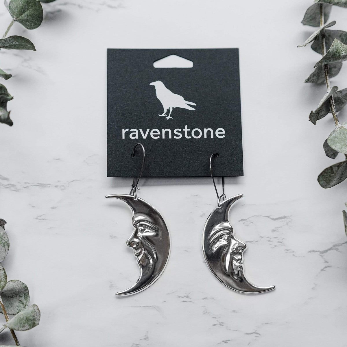 ravenstone The Silver Moon Face Earrings