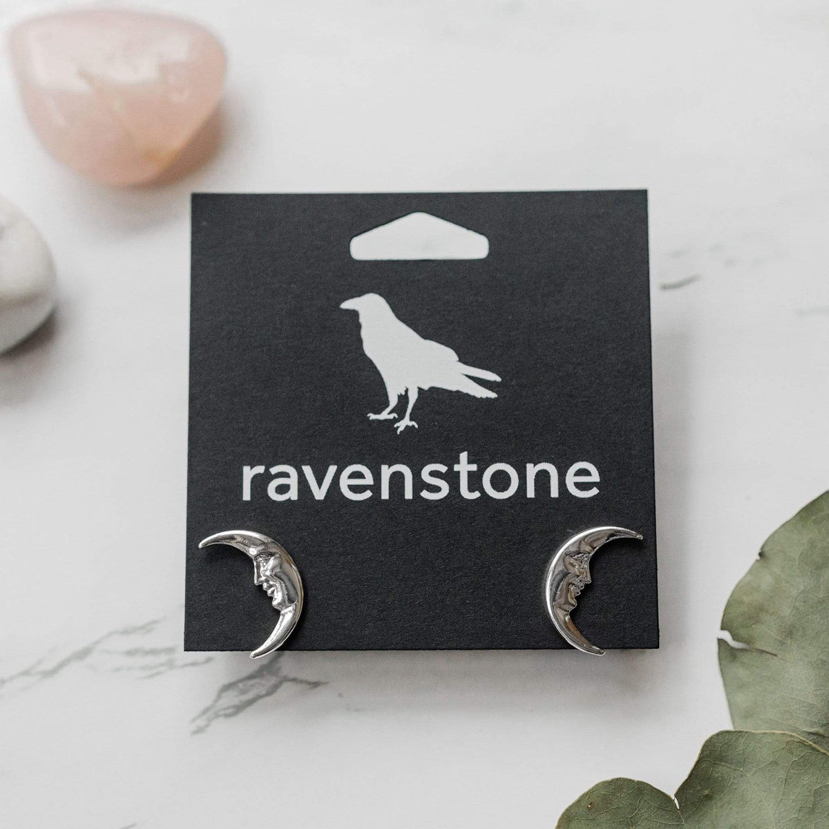 ravenstone The Silver Moon Face Stud Earrings